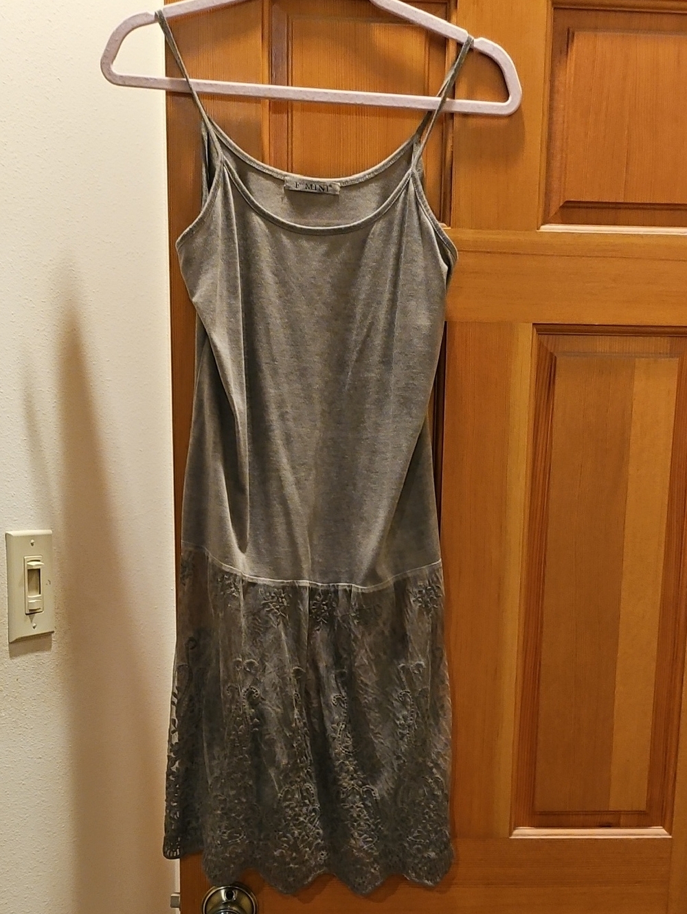 Slip Dress Chemise with Embroidered Hem - Gray